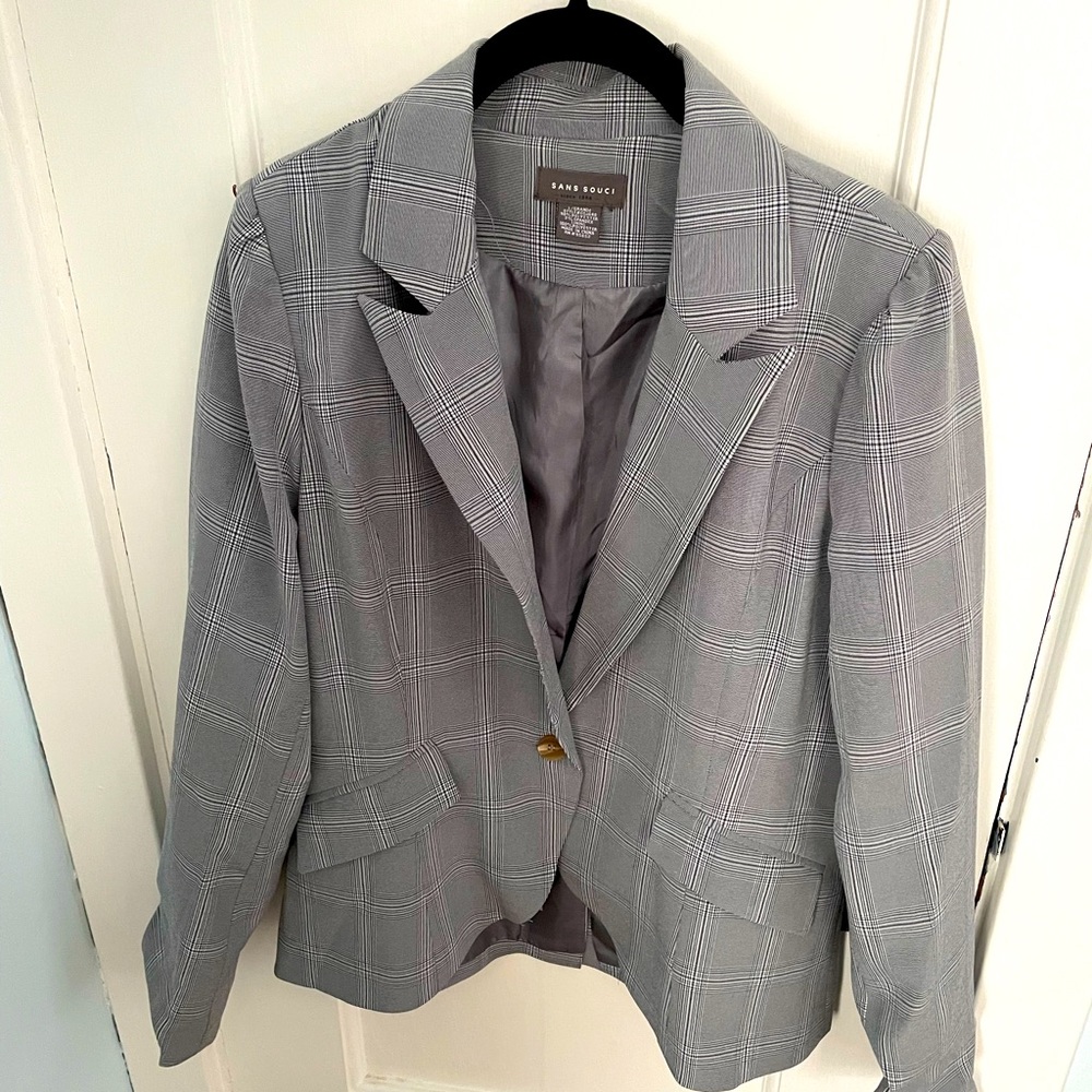 Single button, grey pinstriped, suit jacket
